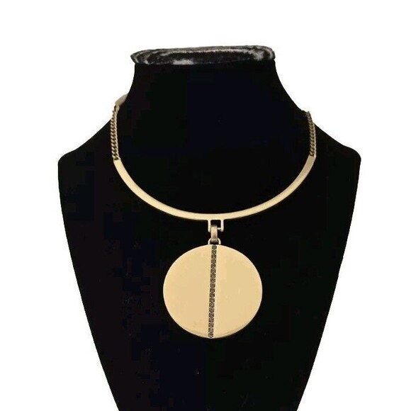 Kenneth Cole Gold Tone Rhinestones Disk Collar Necklace 14"-17.5" - Picture 2 of 6